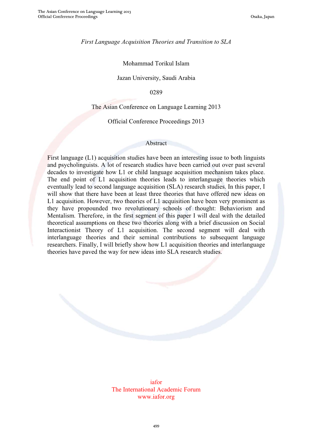 First Language Acquisition Theories and Transition to SLA Mohammad