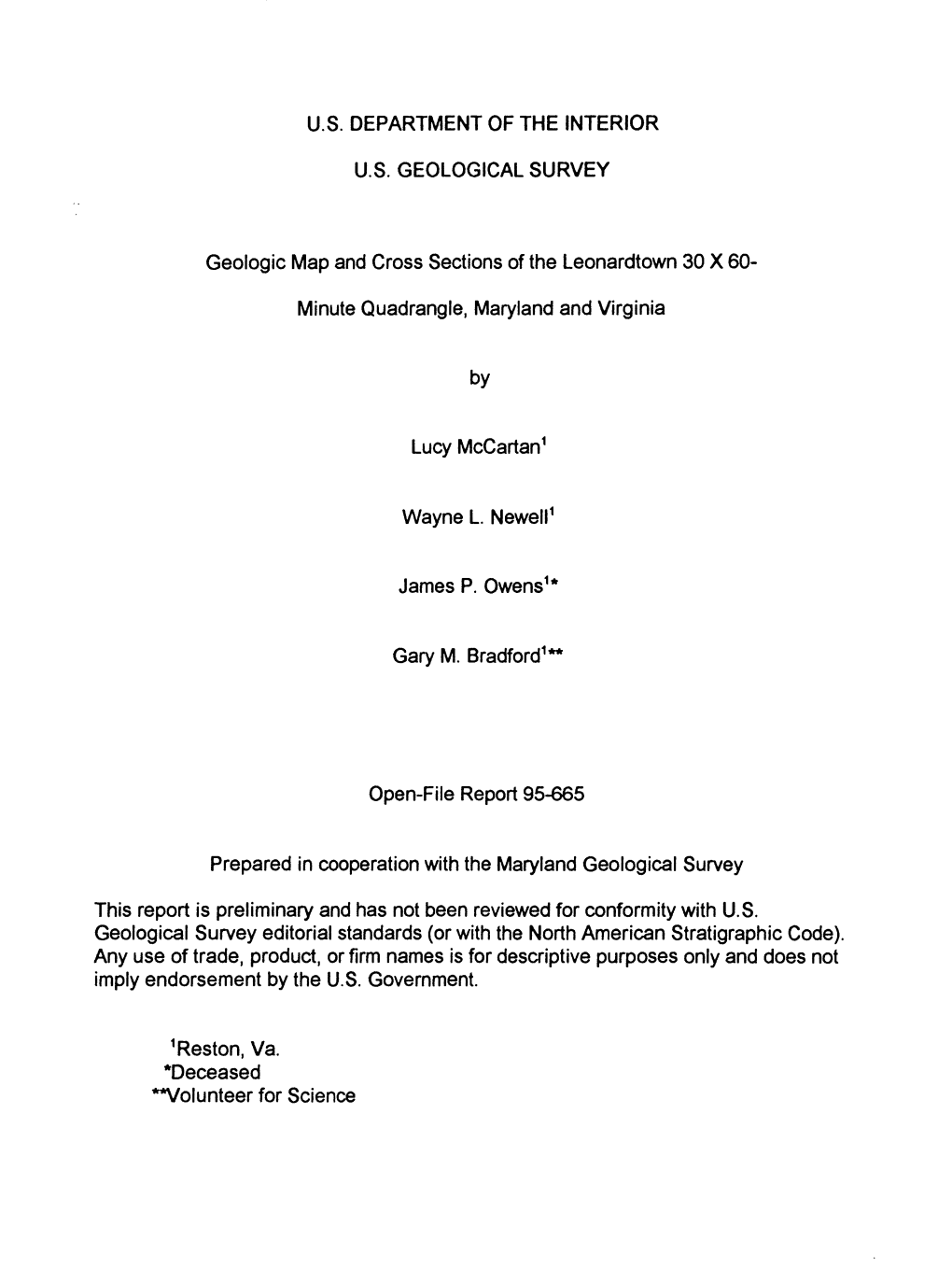 Geologic Map and Cross Sections of the Leonardtown 30 X 60- Minute