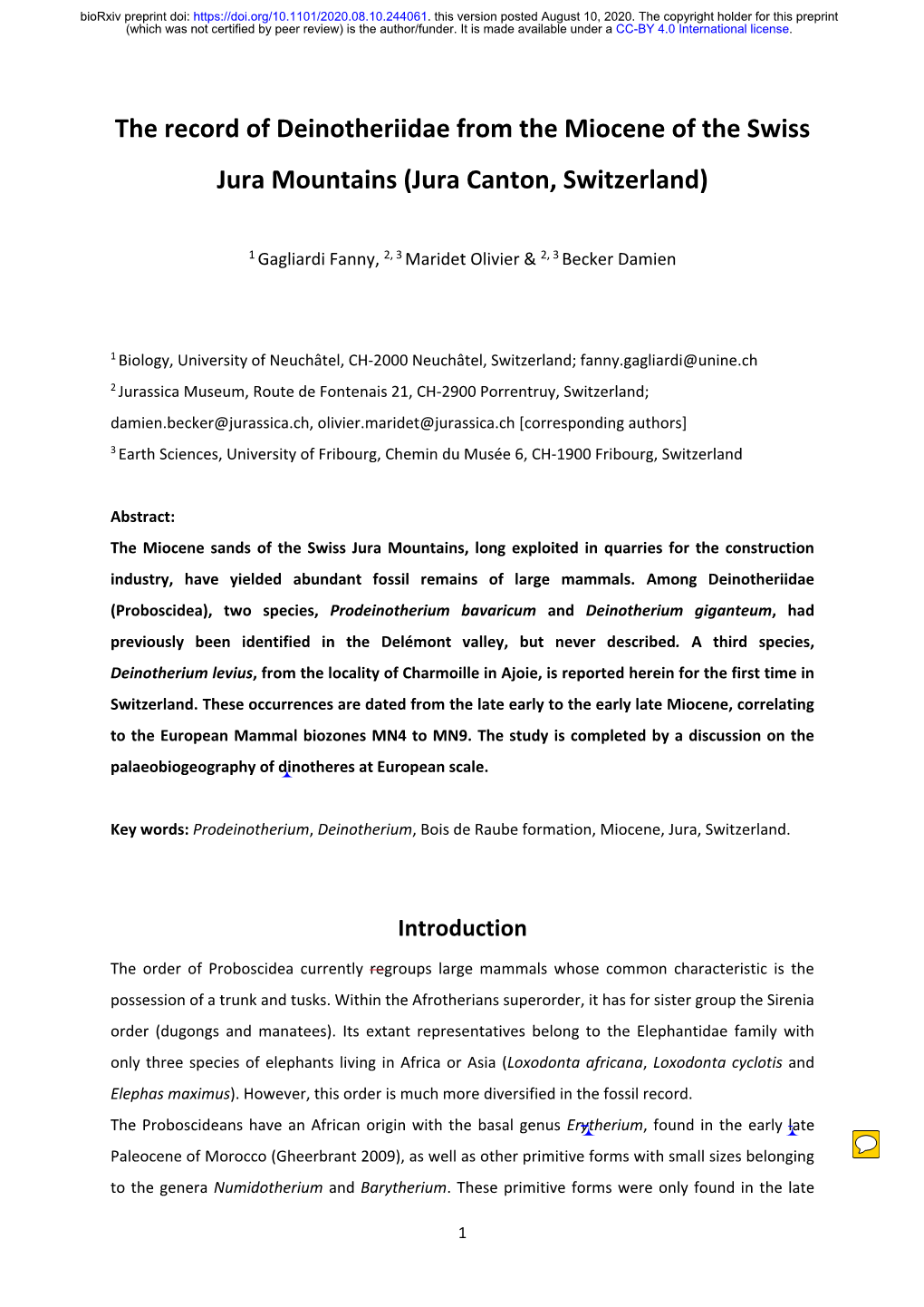 The Record of Deinotheriidae from the Miocene of the Swiss Jura Mountains (Jura Canton, Switzerland)