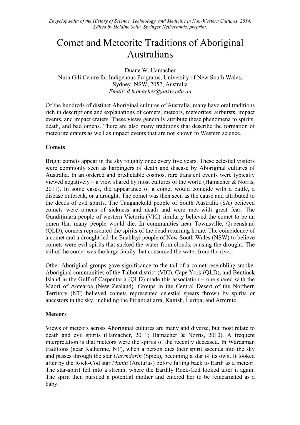 Comet and Meteorite Traditions of Aboriginal Australians