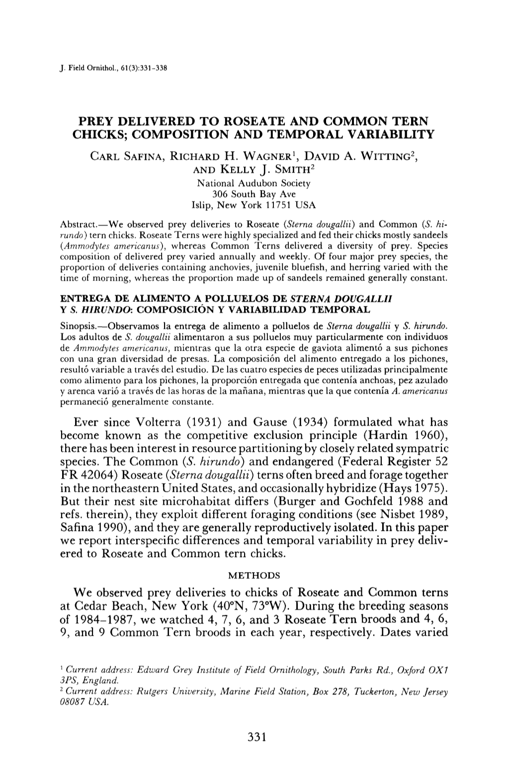 Prey Delivered to Roseate and Common Tern Chicks; Composition and Temporal Variability Carl Safina, Richard H