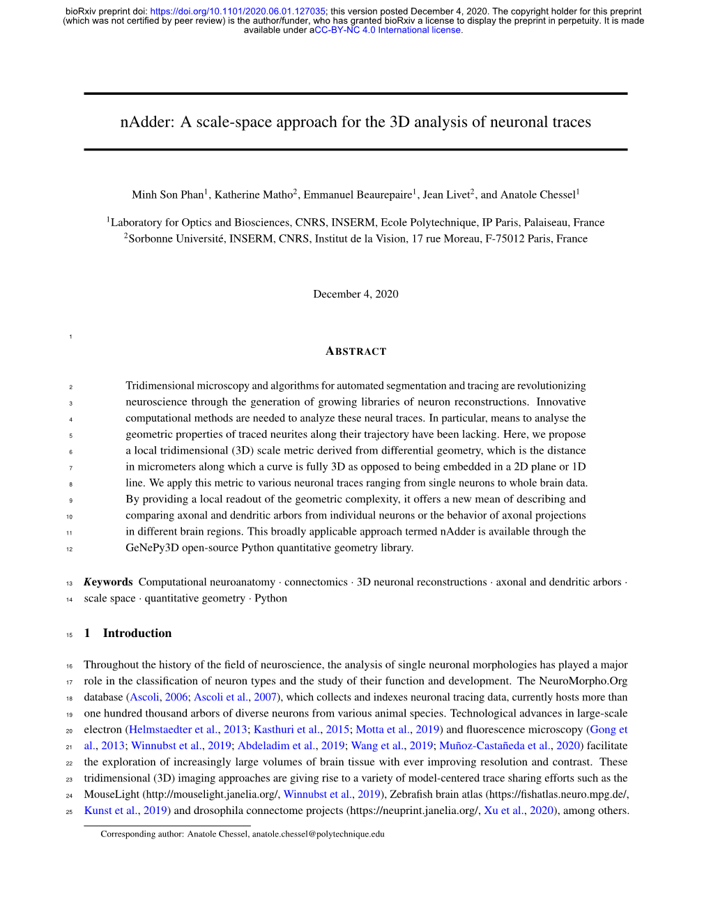 Nadder: a Scale-Space Approach for the 3D Analysis of Neuronal Traces