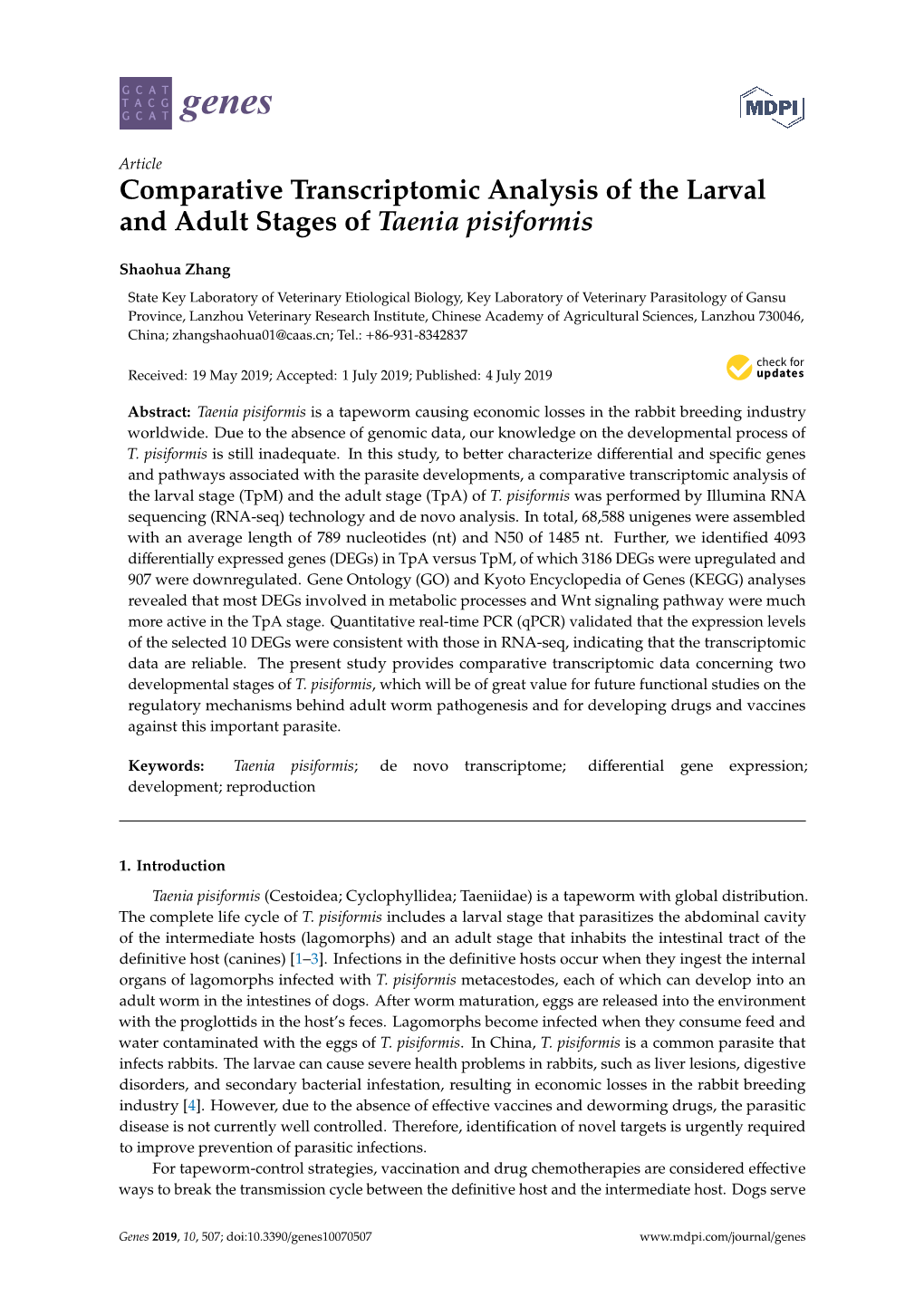 Comparative Transcriptomic Analysis of the Larval and Adult Stages of Taenia Pisiformis