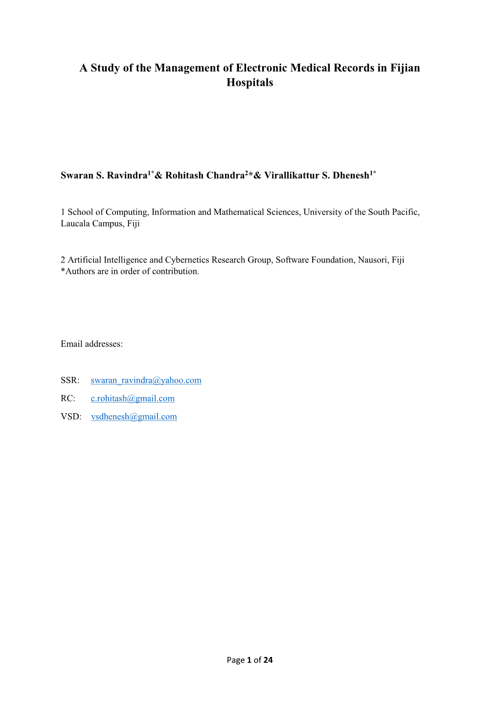 A Study of the Management of Electronic Medical Records in Fijian Hospitals