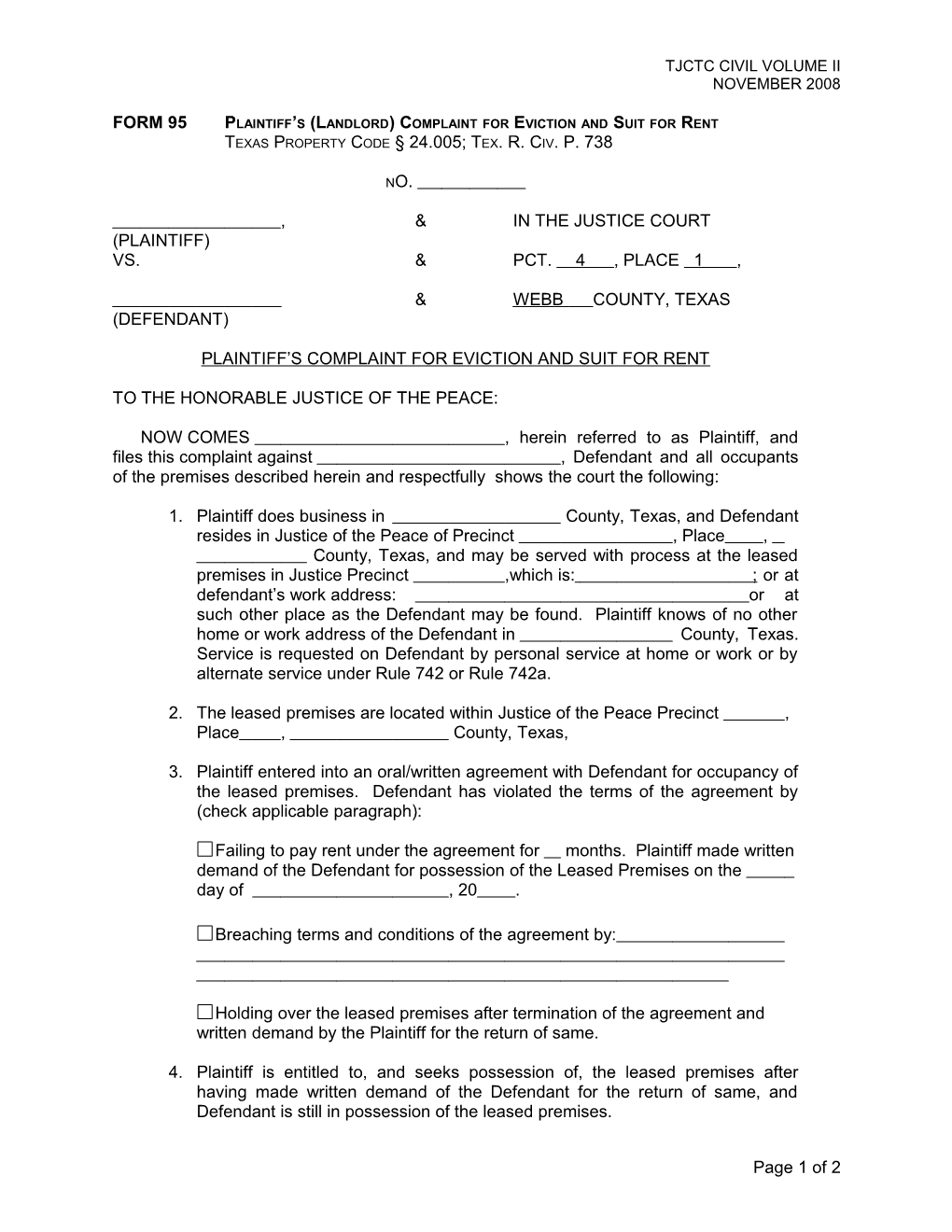 Plaintiff (Landlord) Complaint For Eviction