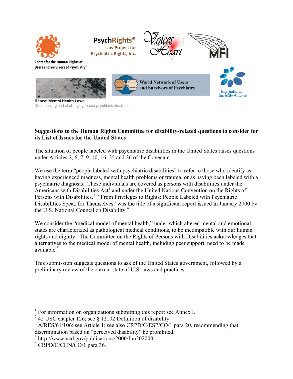 Suggestions to the Human Rights Committee for Disability-Related Questions to Consider for Its List of Issues for the United States