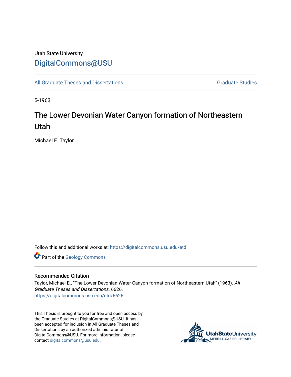 The Lower Devonian Water Canyon Formation of Northeastern Utah