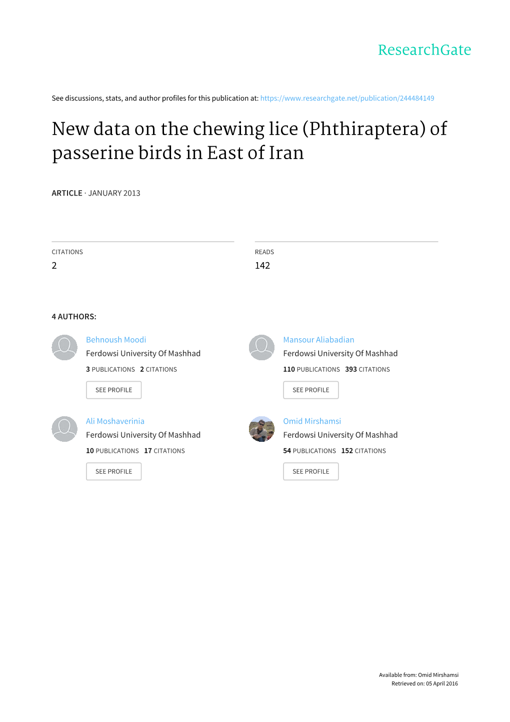 New Data on the Chewing Lice (Phthiraptera) of Passerine Birds in East of Iran