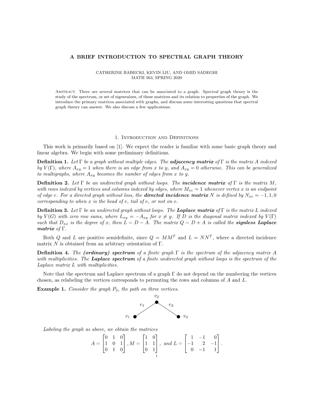 A Brief Introduction to Spectral Graph Theory