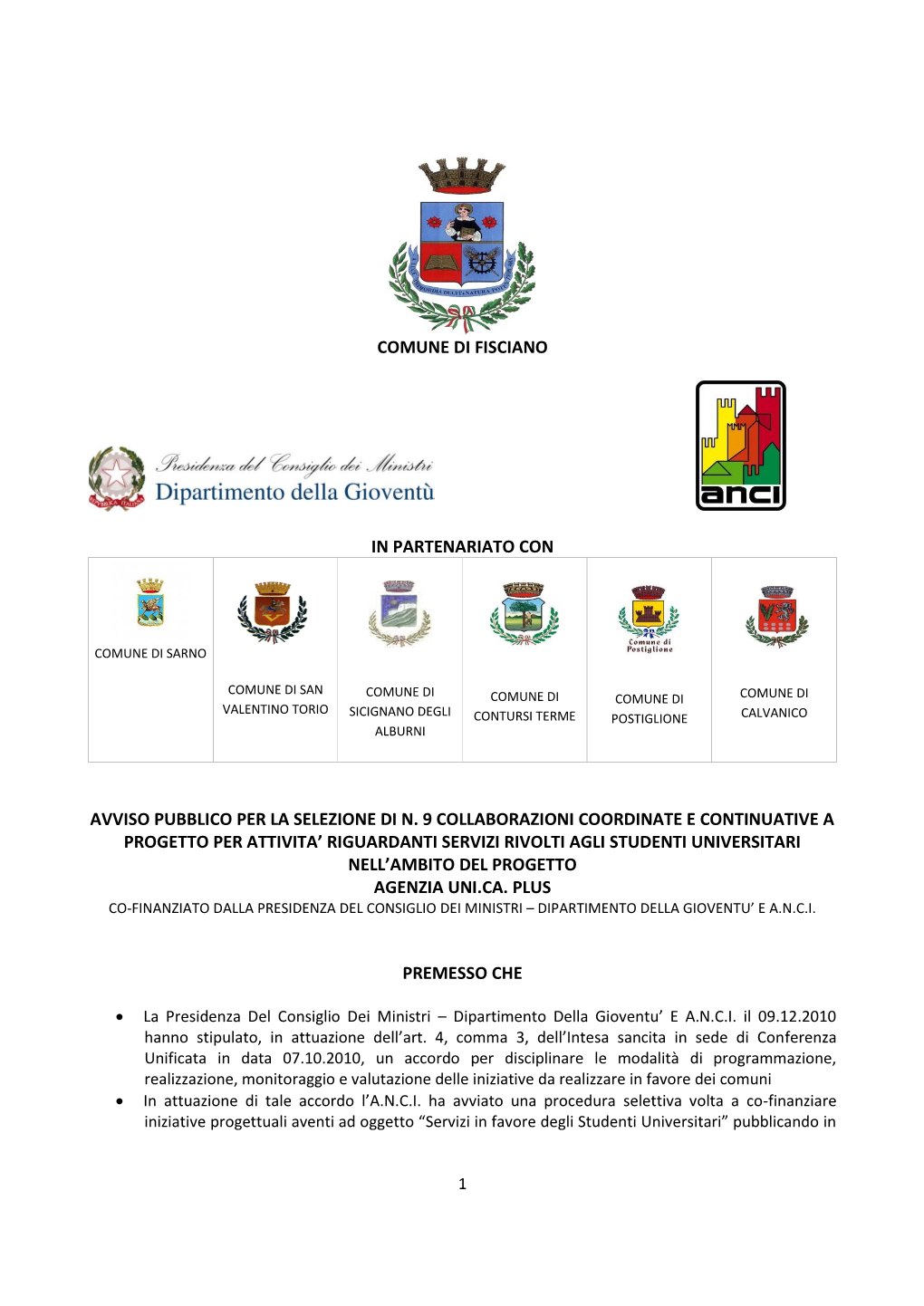 Comune Di Fisciano in Partenariato Con Avviso