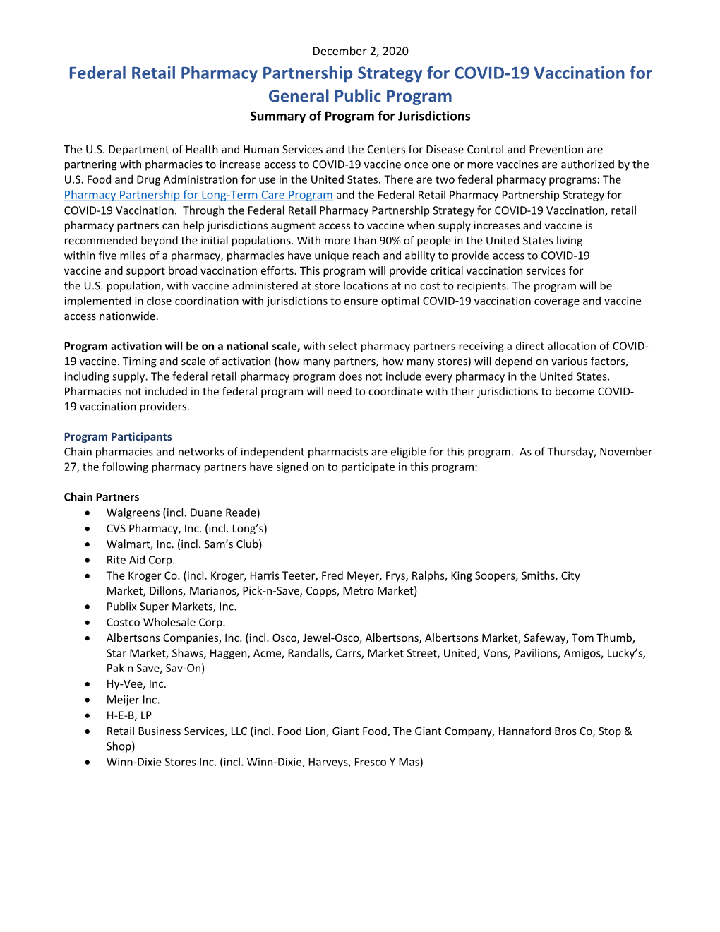 Federal Retail Pharmacy Partnership Strategy for COVID-19 Vaccination for General Public Program Summary of Program for Jurisdictions