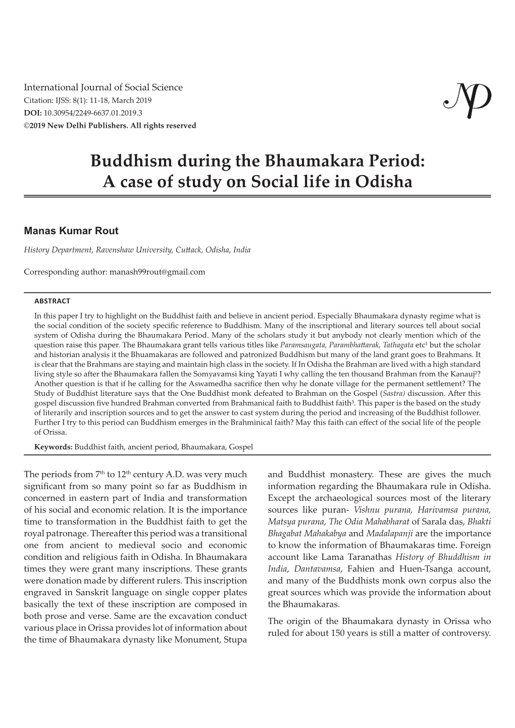 Buddhism During the Bhaumakara Period: a Case of Study on Social Life in Odisha