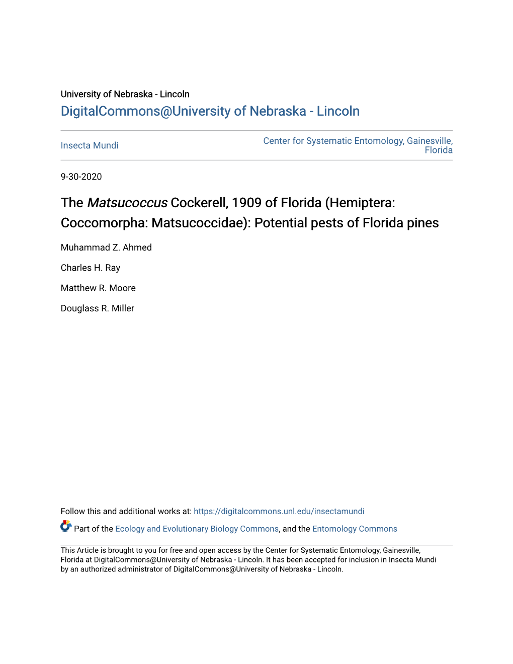 The <I>Matsucoccus</I> Cockerell, 1909 of Florida (Hemiptera