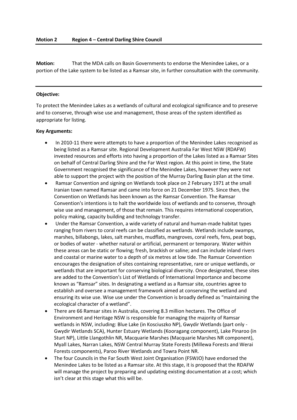 Motion 2- RAMSAR Listing Menindee Lakes.Pdf