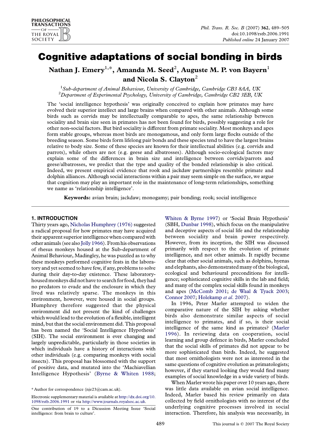 Cognitive Adaptations of Social Bonding in Birds Nathan J