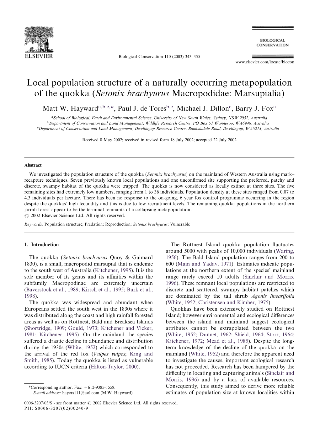 Local Population Structure of a Naturally Occurring Metapopulation of the Quokka (Setonix Brachyurus Macropodidae: Marsupialia)