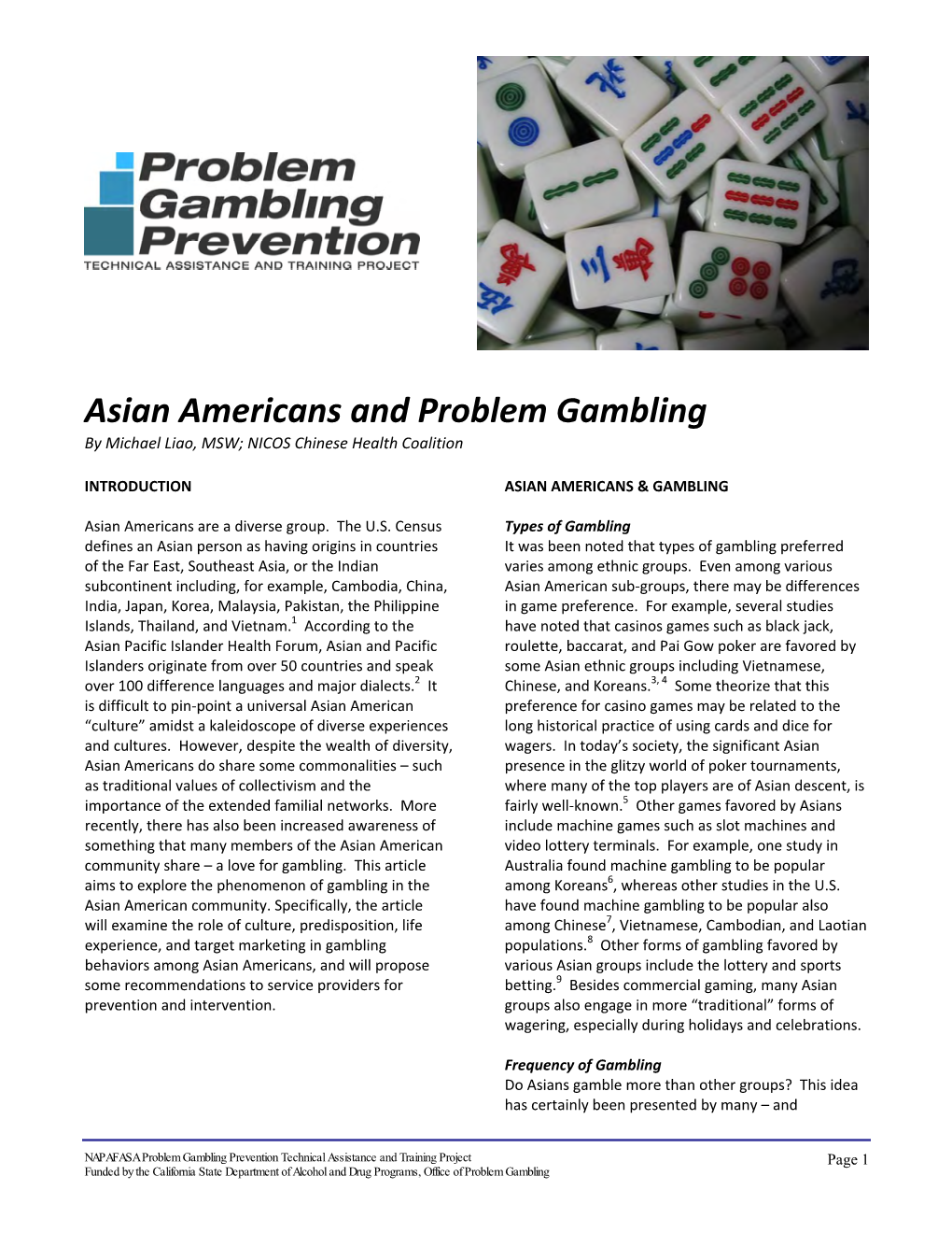 Asian Americans and Problem Gambling by Michael Liao, MSW; NICOS Chinese Health Coalition