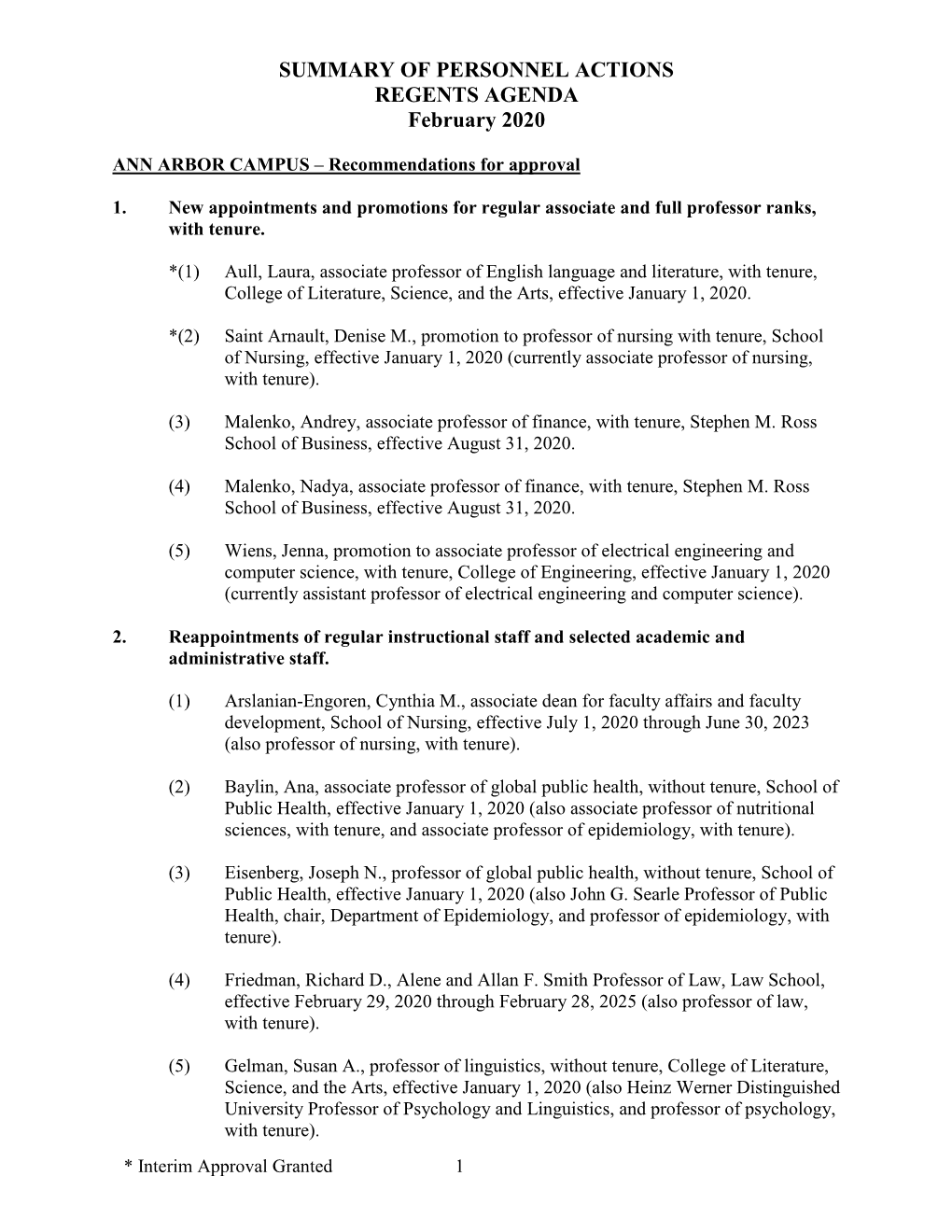 February 2020 Personnel Actions