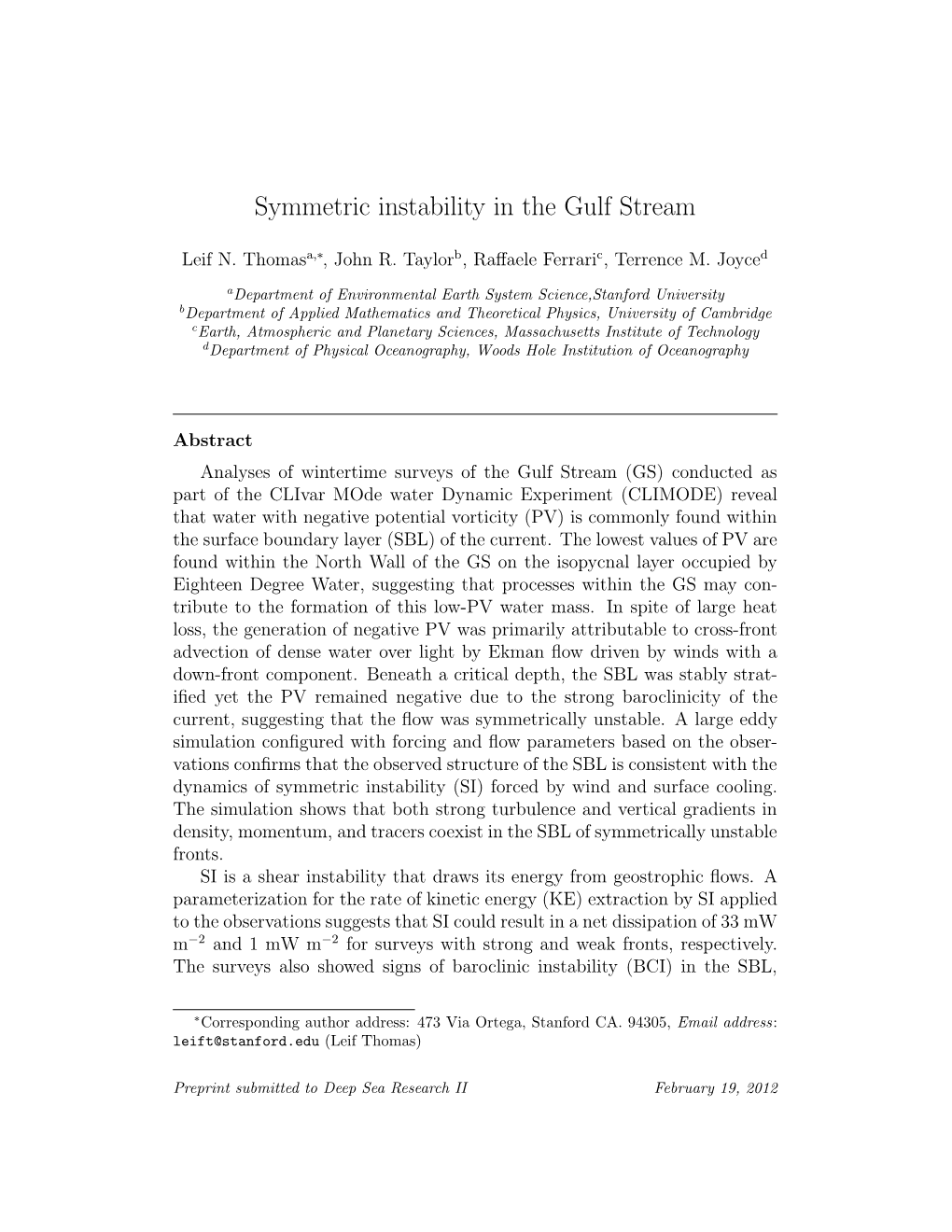 Symmetric Instability in the Gulf Stream