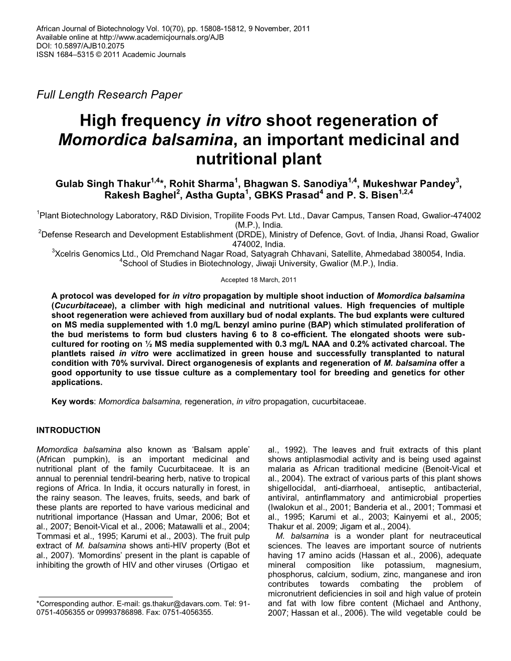 In Vitro Shoot Regeneration of Momordica Balsamina, an Important Medicinal and Nutritional Plant