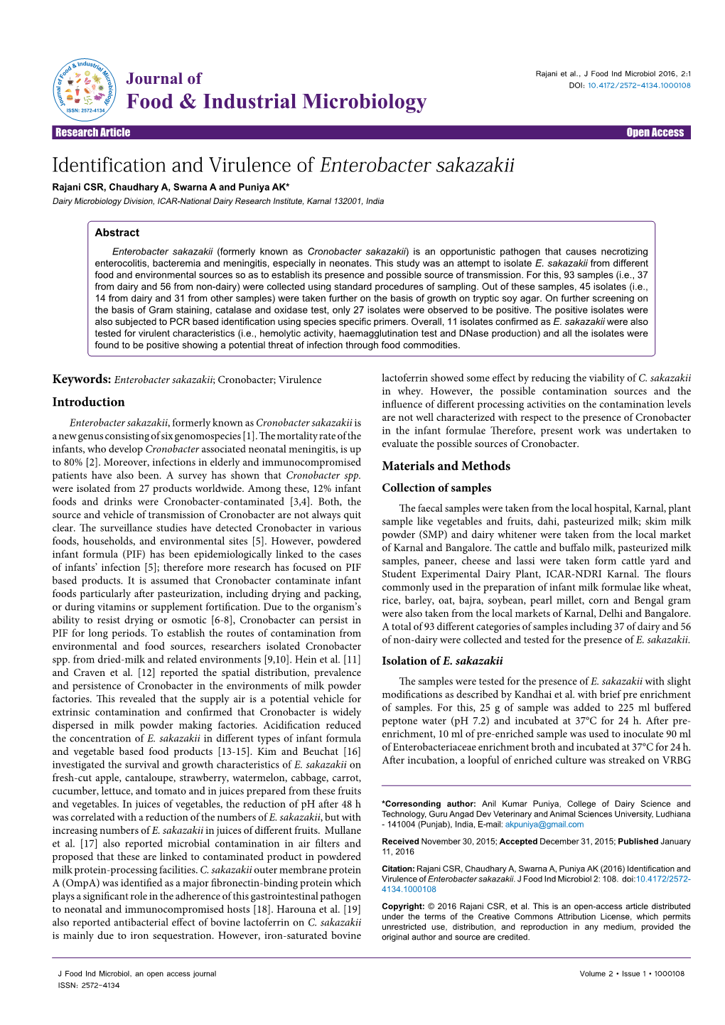 Identification and Virulence of Enterobacter Sakazakii