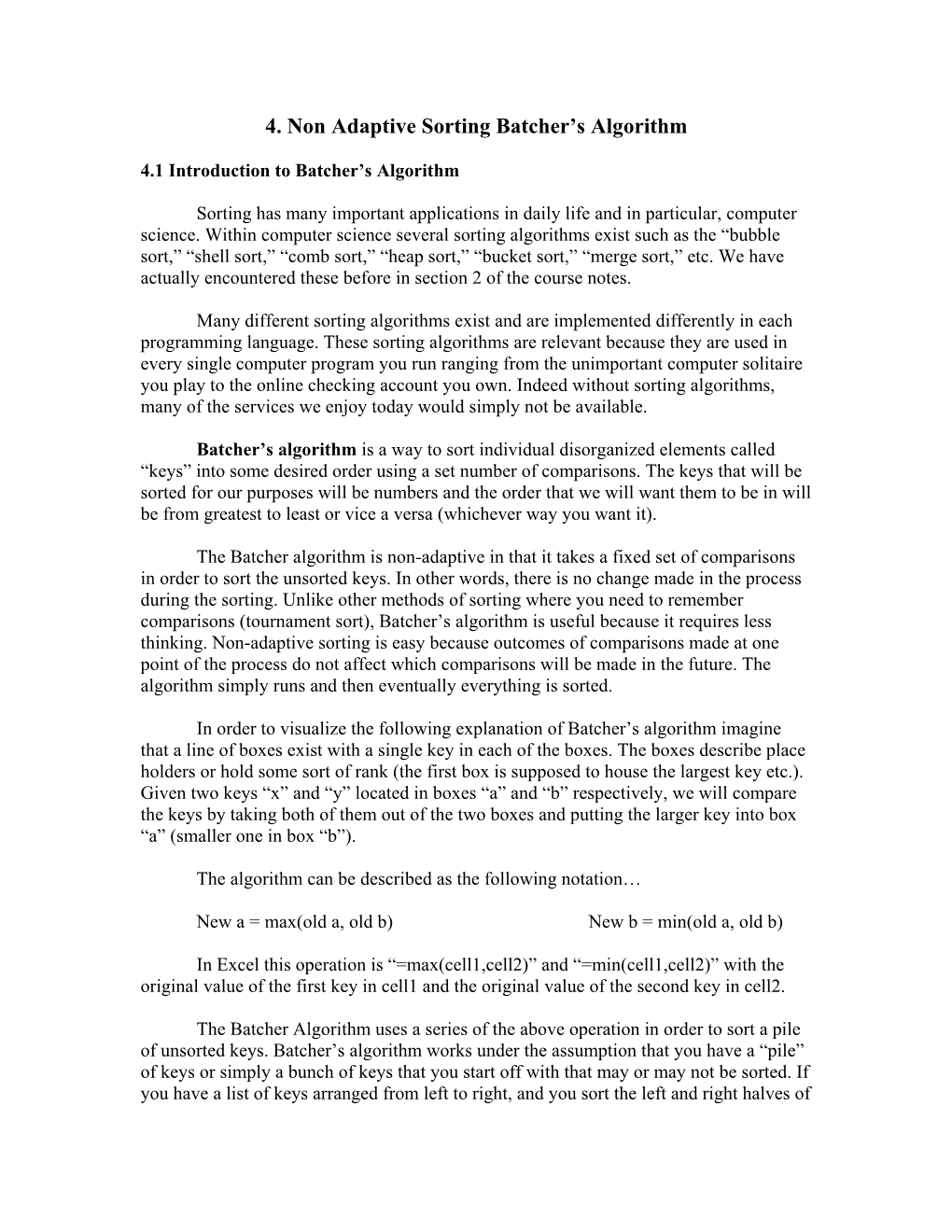 Coursenotes 4 Non-Adaptive Sorting Batcher's Algorithm