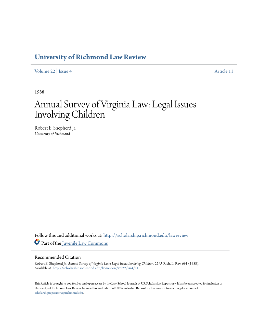 Annual Survey of Virginia Law: Legal Issues Involving Children Robert E