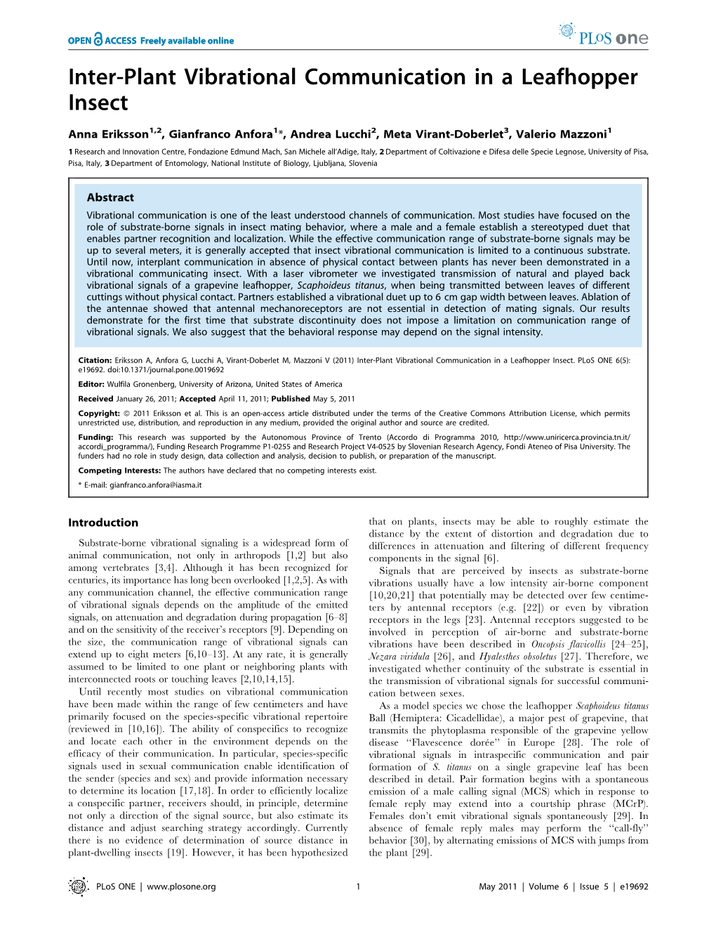 Inter-Plant Vibrational Communication in a Leafhopper Insect