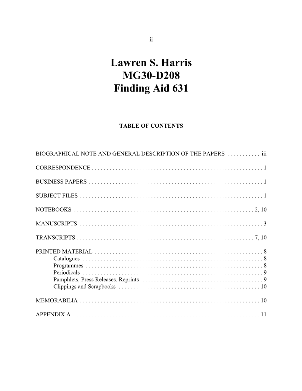 Lawren S. Harris MG30-D208 Finding Aid 631