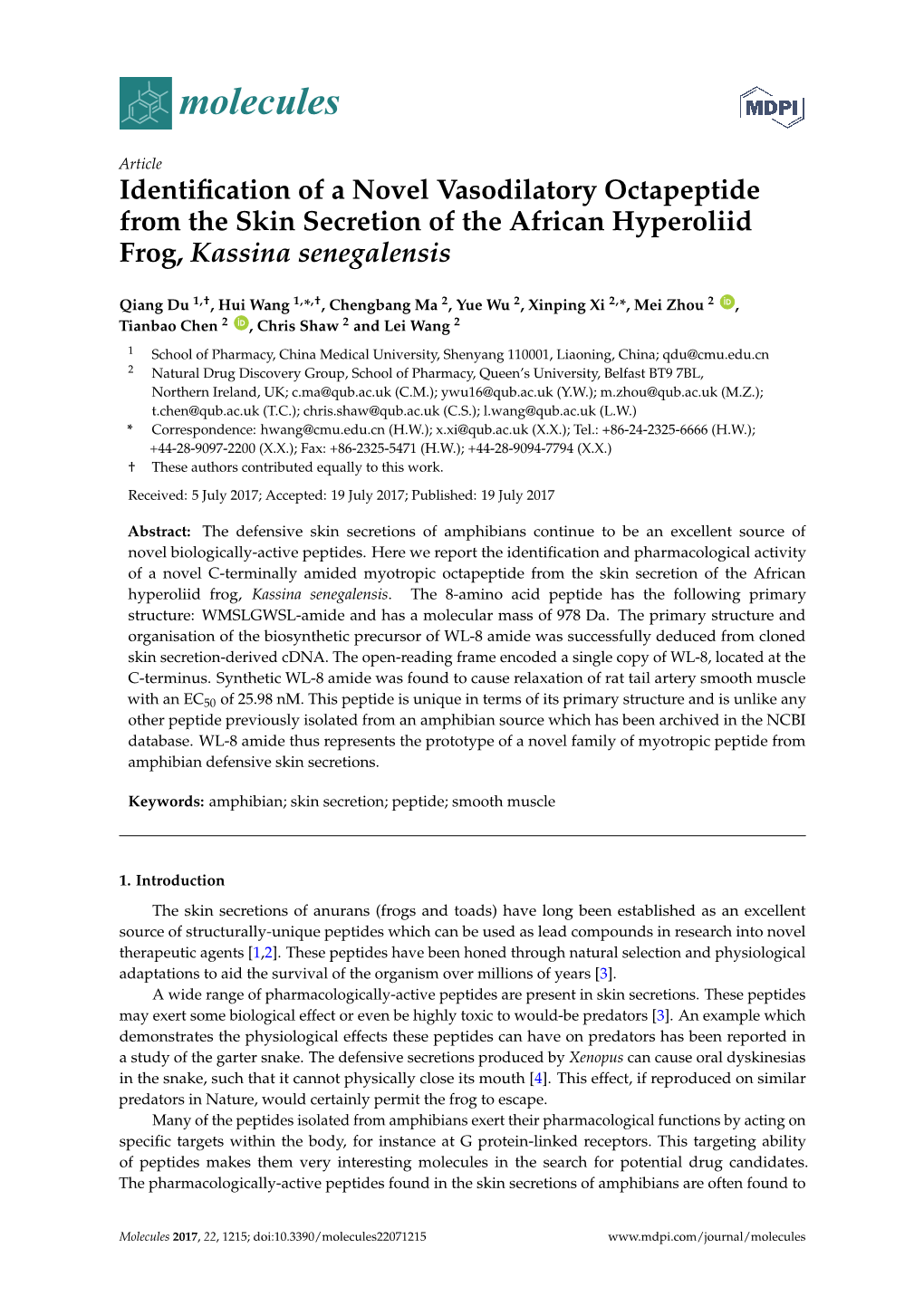 Identification of a Novel Vasodilatory Octapeptide from the Skin Secretion