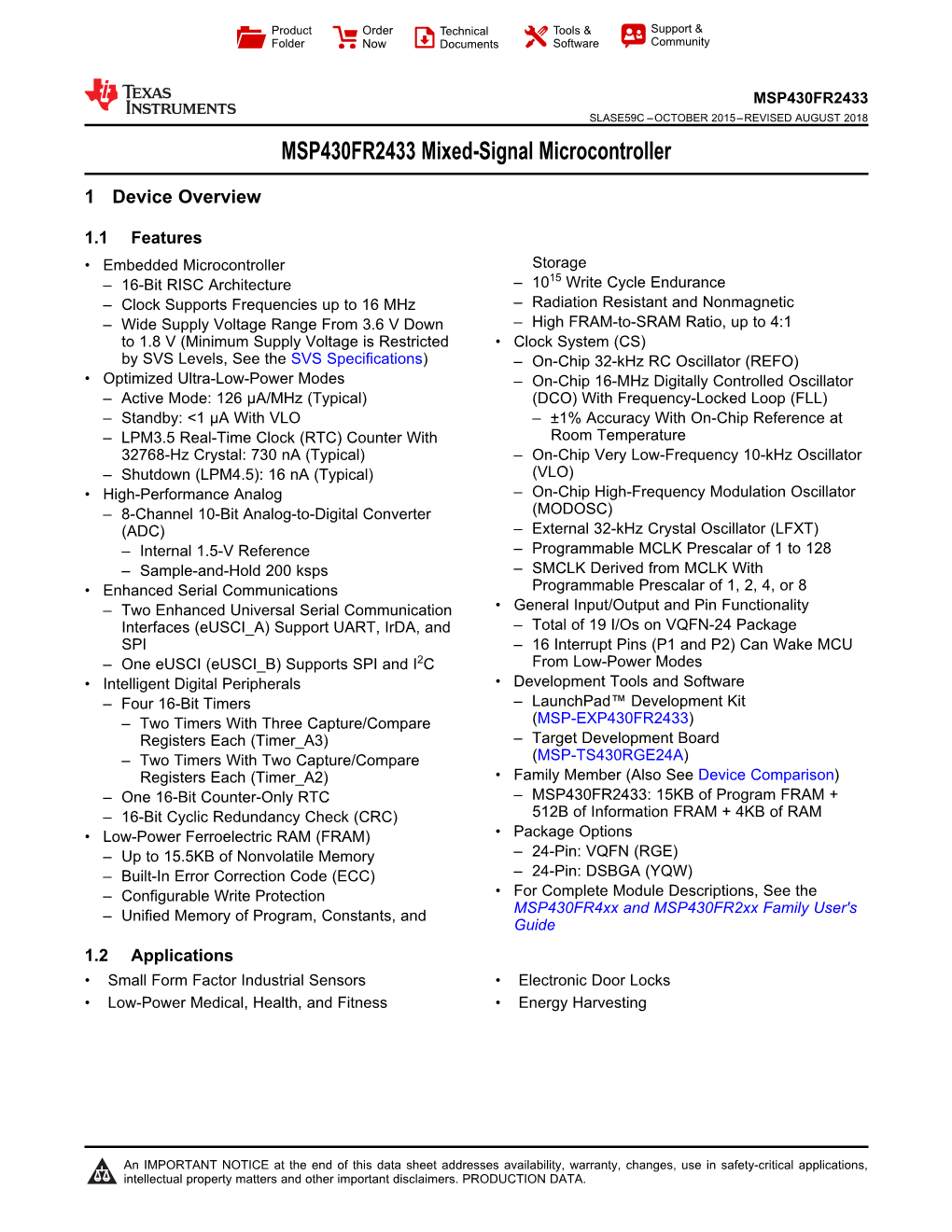 MSP430FR2433 Mixed-Signal Microcontroller