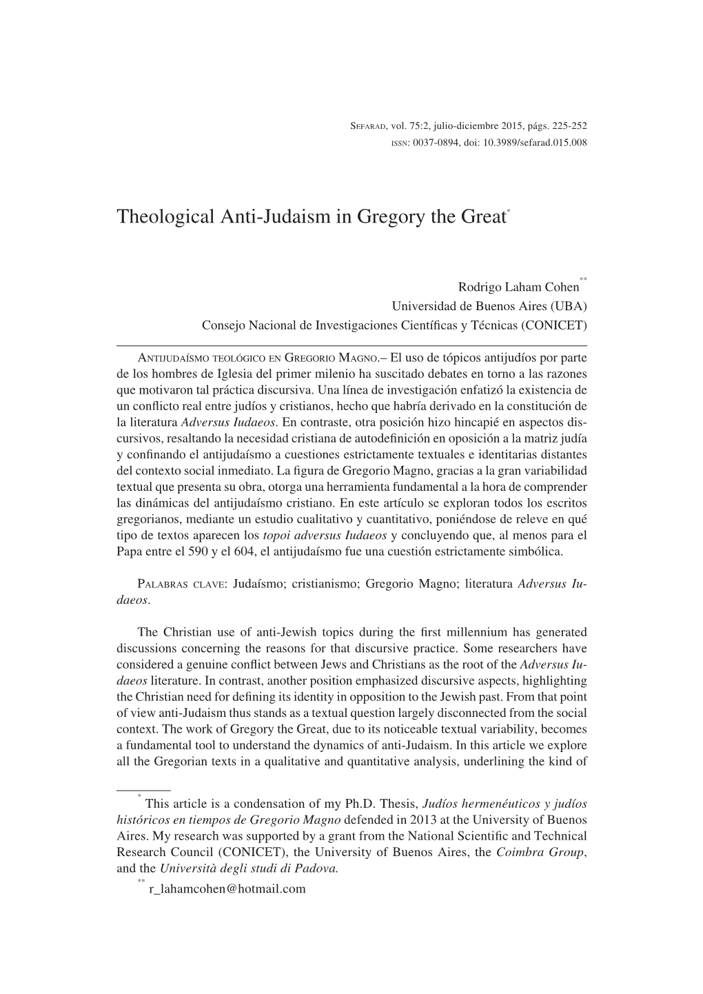 Theological Anti-Judaism in Gregory the Great Rodrigo Laham