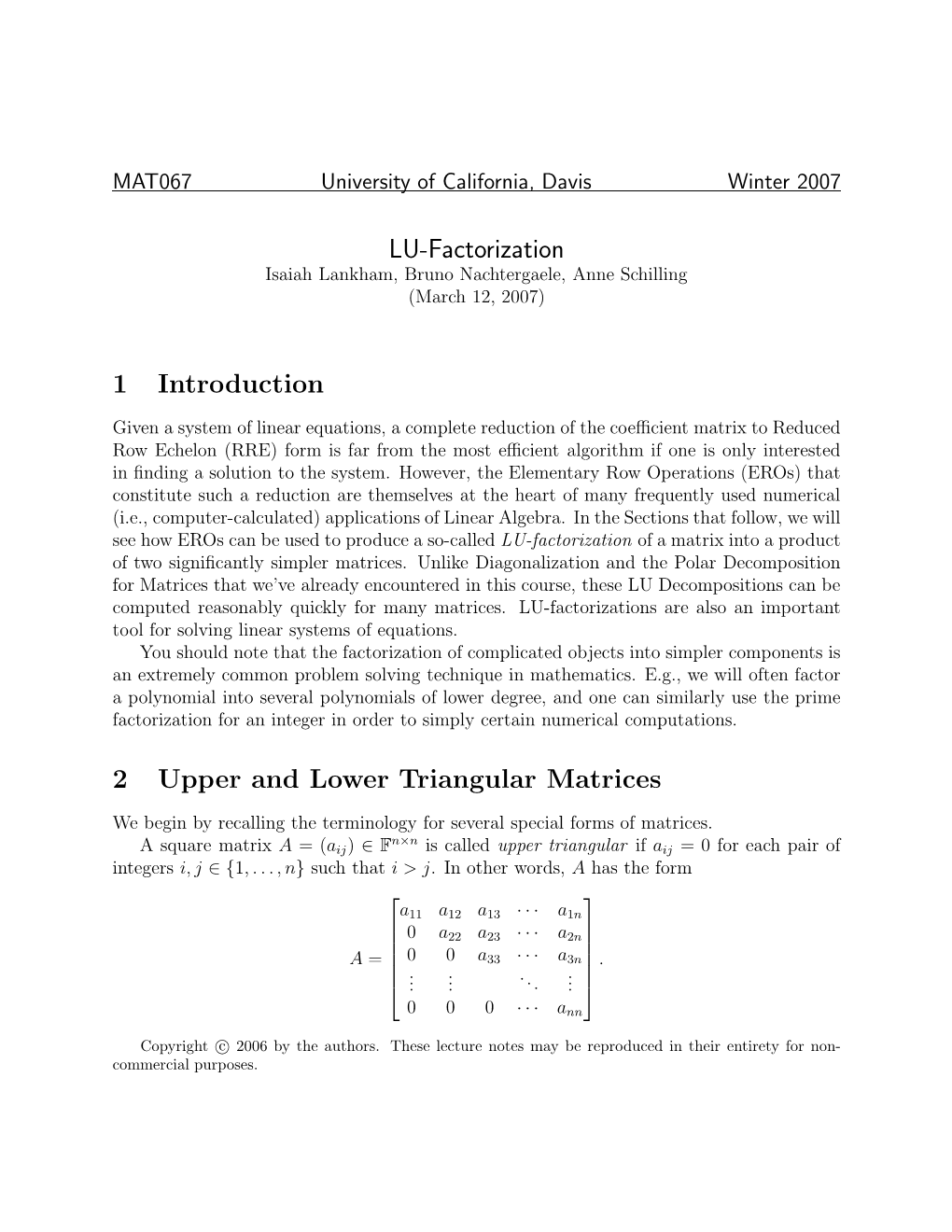 LU-Factorization 1 Introduction 2 Upper and Lower Triangular Matrices