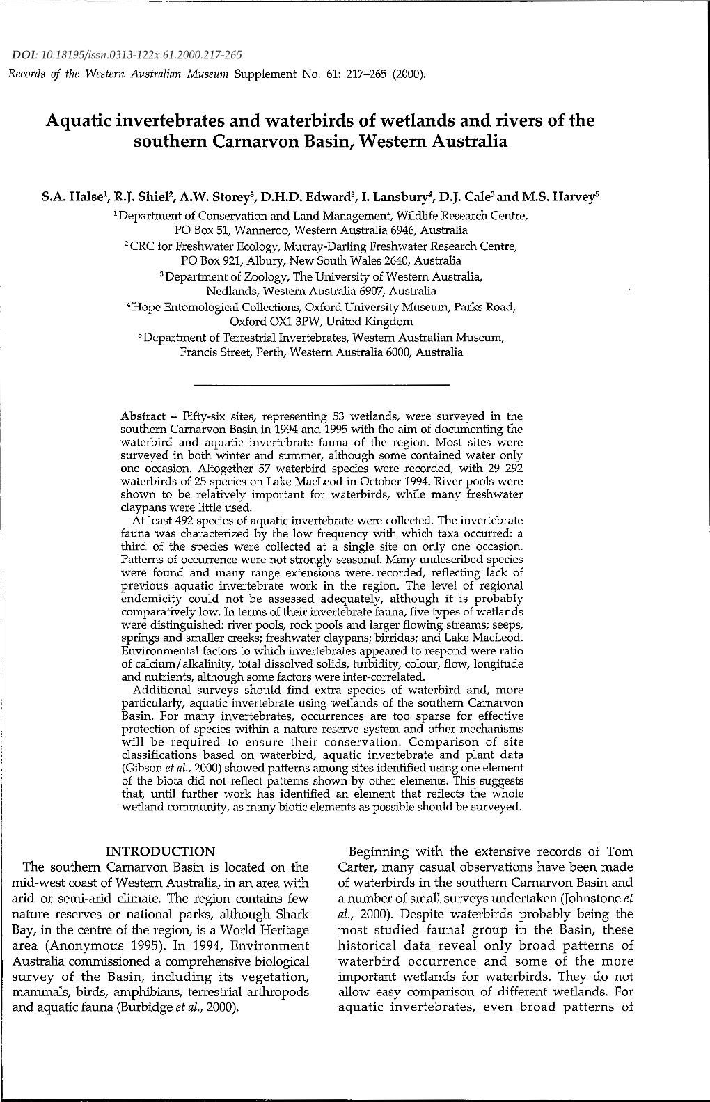 Aquatic Invertebrates and Waterbirds of Wetlands and Rivers of the Southern Carnarvon Basin, Western Australia