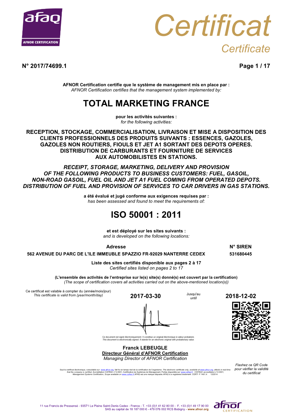 CERTI F 1461 Certif Et Ann. ISO 50001 Avec Mention COFRAC
