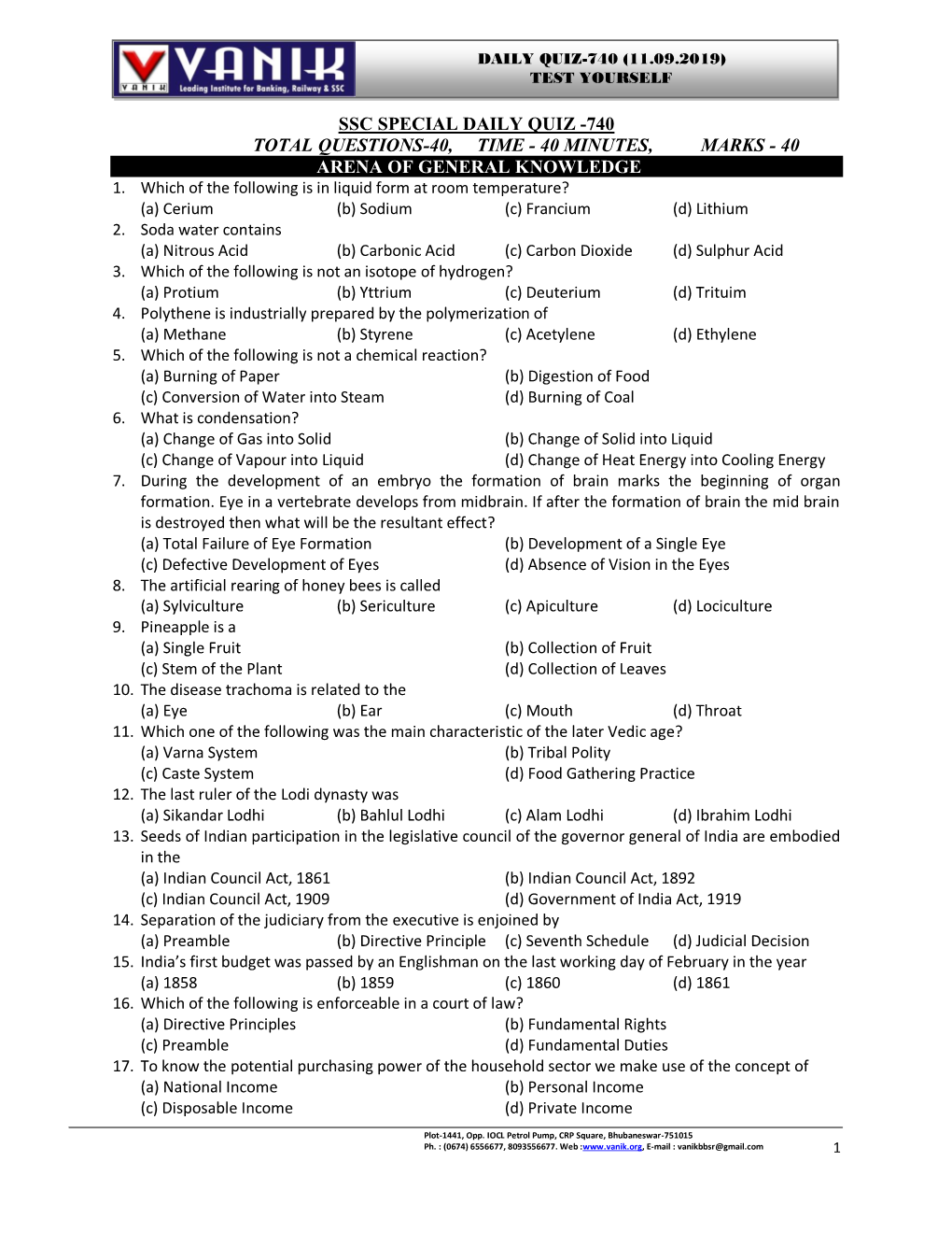 Ssc Special Daily Quiz -740 Total Questions-40, Time - 40 Minutes, Marks - 40 Arena of General Knowledge 1