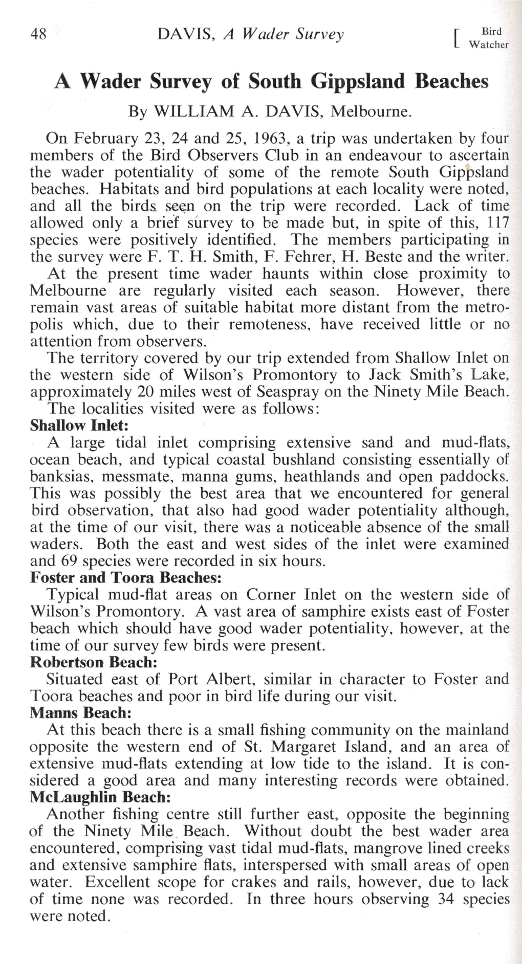 A Wader Survey of South Gippsland Beaches by WILLIAM A
