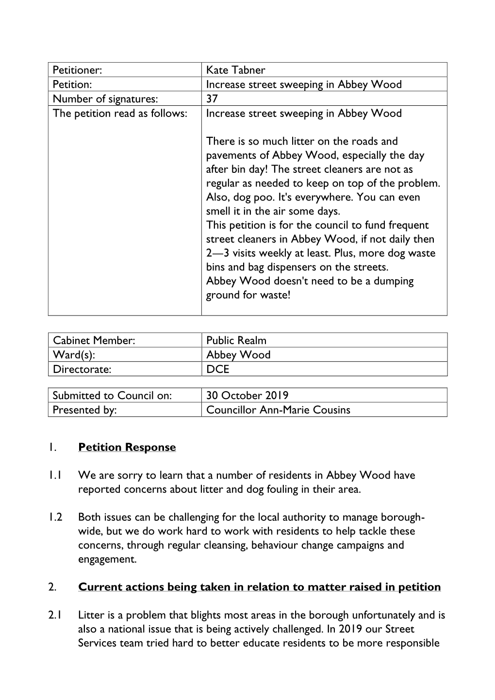 Kate Tabner Petition: Increase Street Sweeping in Abbey Wood Number of Signatures: 37 the Petition Read As Follows: Increase Street Sweeping in Abbey Wood
