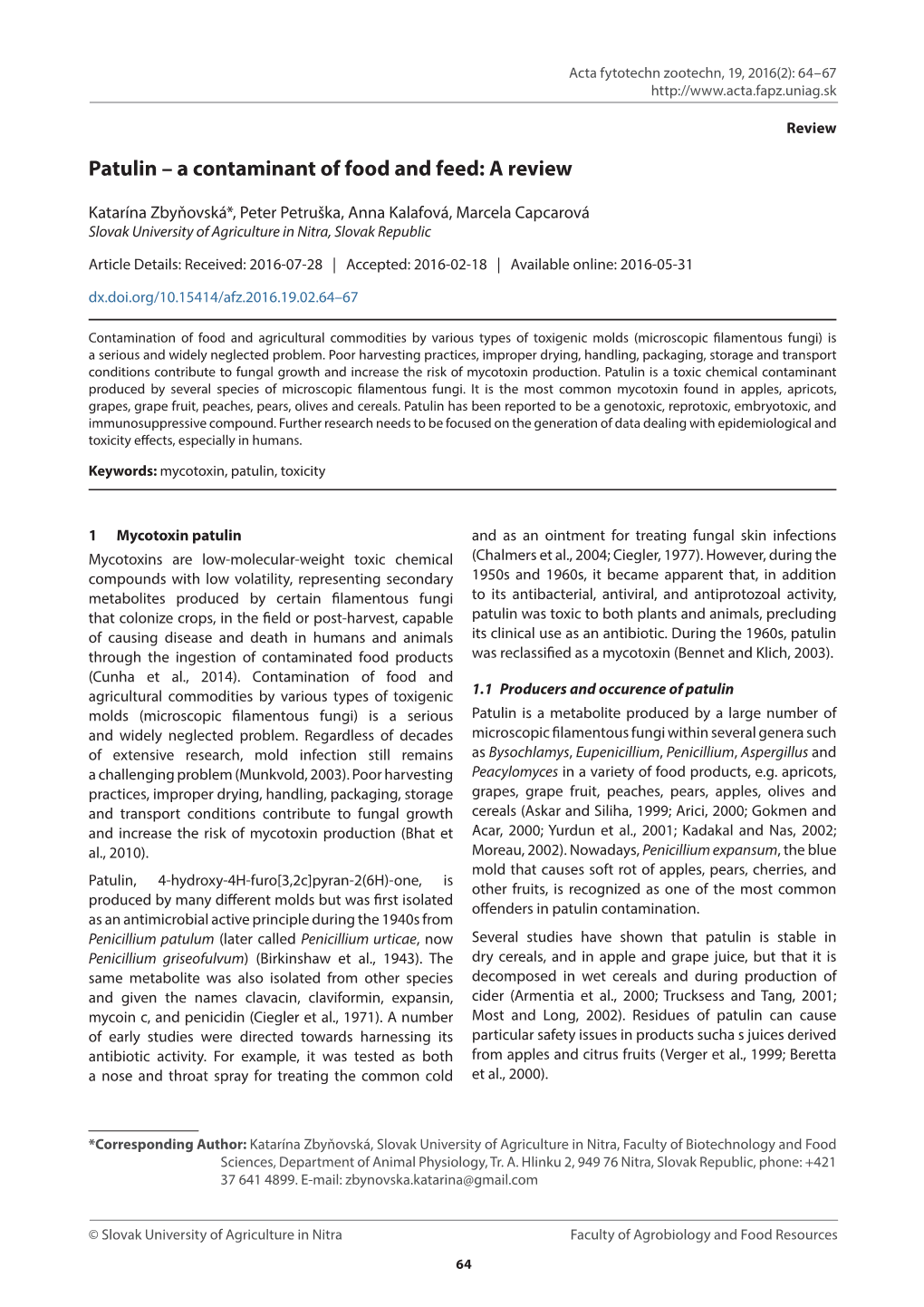 Patulin – a Contaminant of Food and Feed: a Review