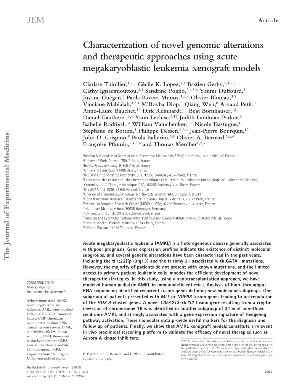 Characterization of Novel Genomic Alterations and Therapeutic Approaches Using Acute Megakaryoblastic Leukemia Xenograft Models