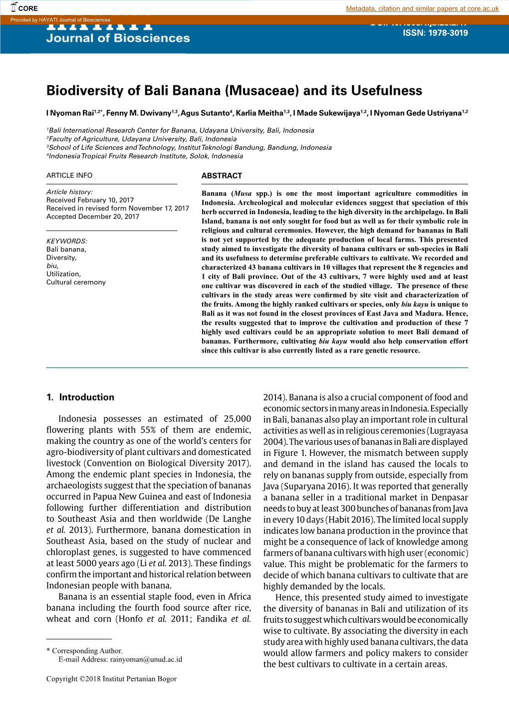 Biodiversity of Bali Banana (Musaceae) and Its Usefulness