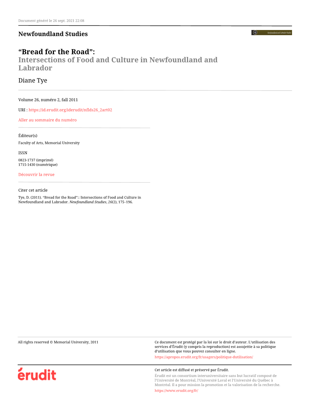 Bread for the Road”: Intersections of Food and Culture in Newfoundland and Labrador Diane Tye