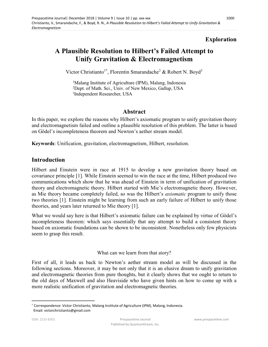 A Plausible Resolution to Hilbert's Failed Attempt to Unify Gravitation & Electromagnetism