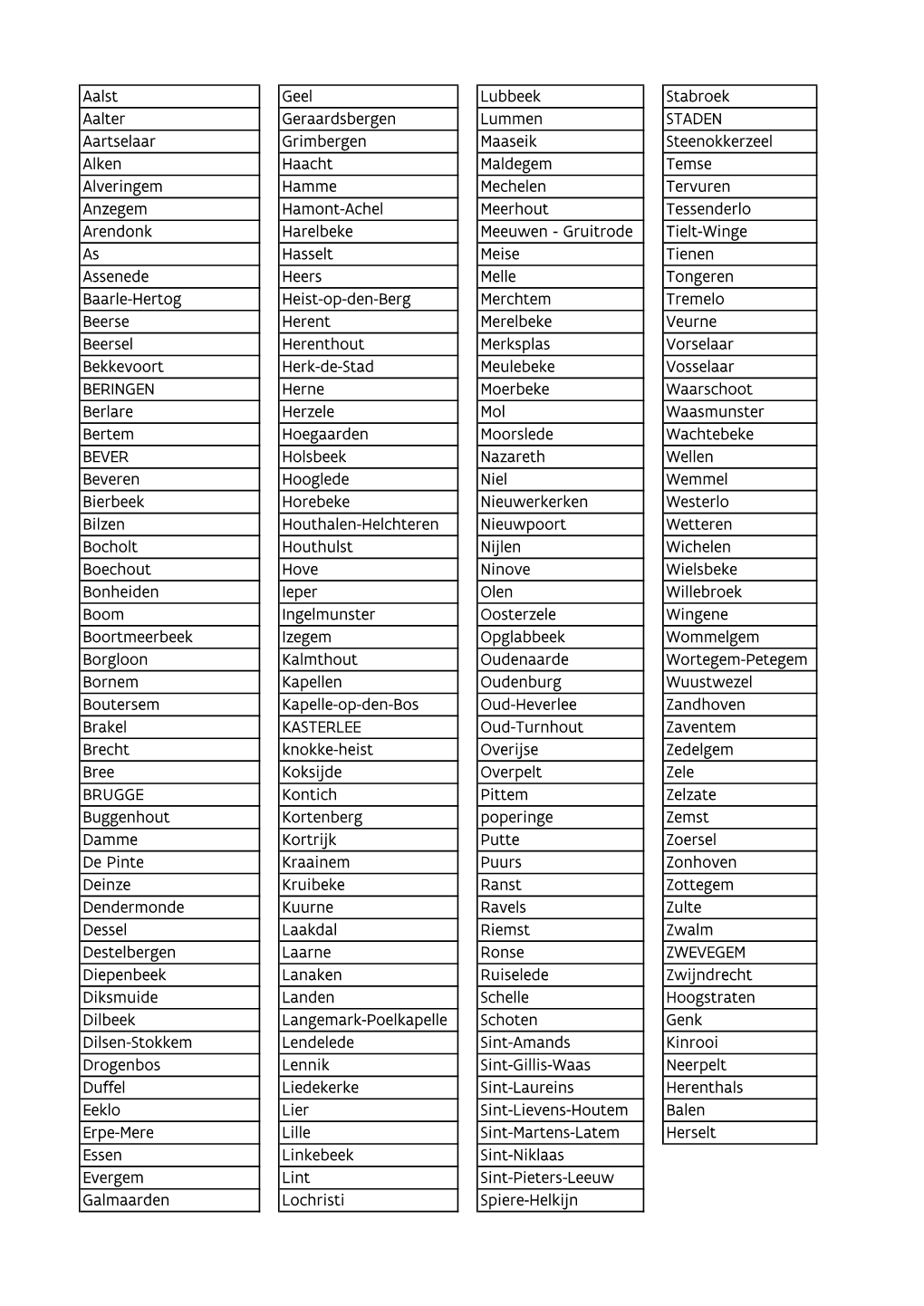 Aalst Geel Lubbeek Stabroek Aalter Geraardsbergen Lummen STADEN
