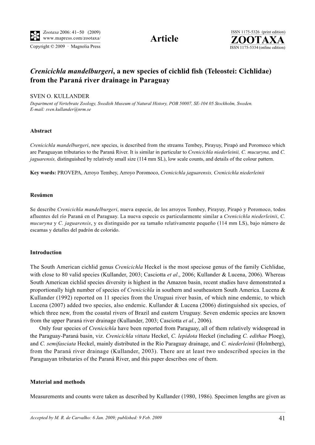 Zootaxa, Crenicichla Mandelburgeri, a New Species Of