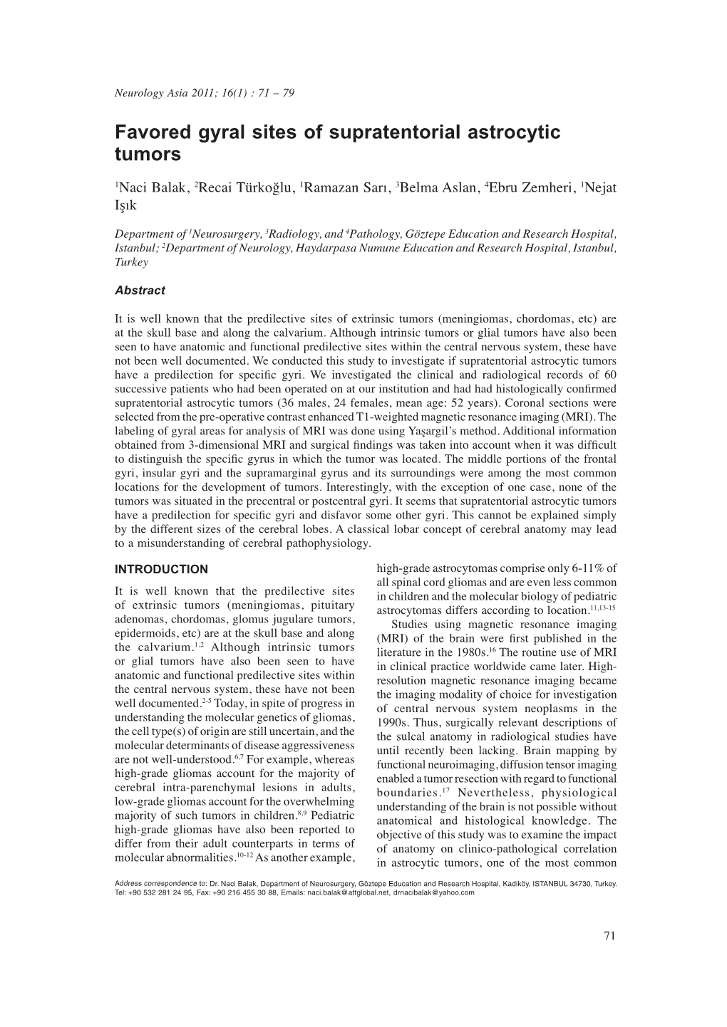 Favored Gyral Sites of Supratentorial Astrocytic Tumors