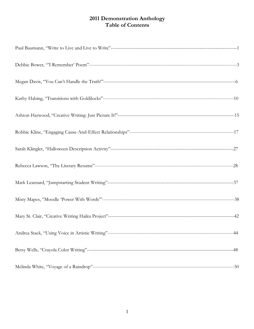 Demonstration Anthology Table of Contents