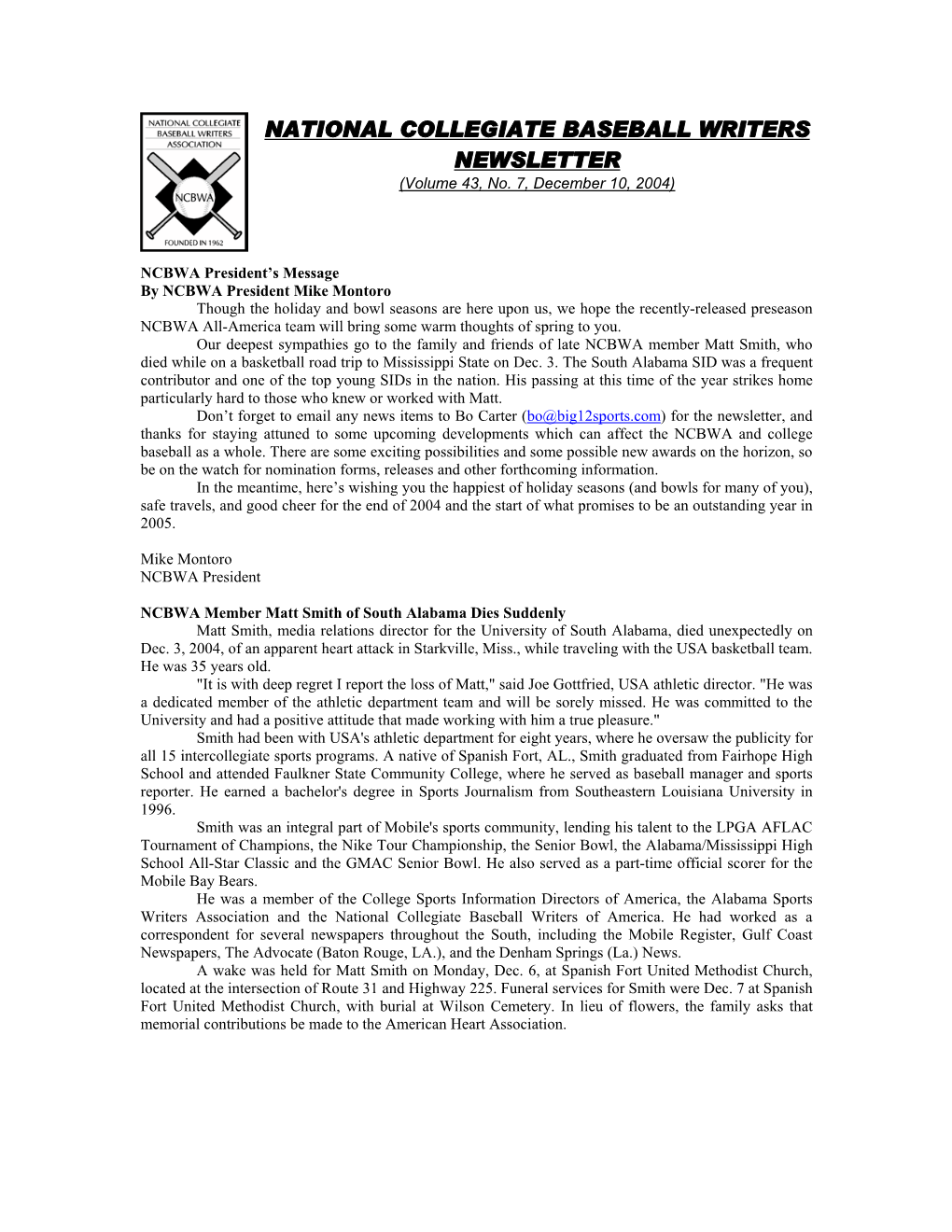 NATIONAL COLLEGIATE BASEBALL WRITERS NEWSLETTER (Volume 43, No