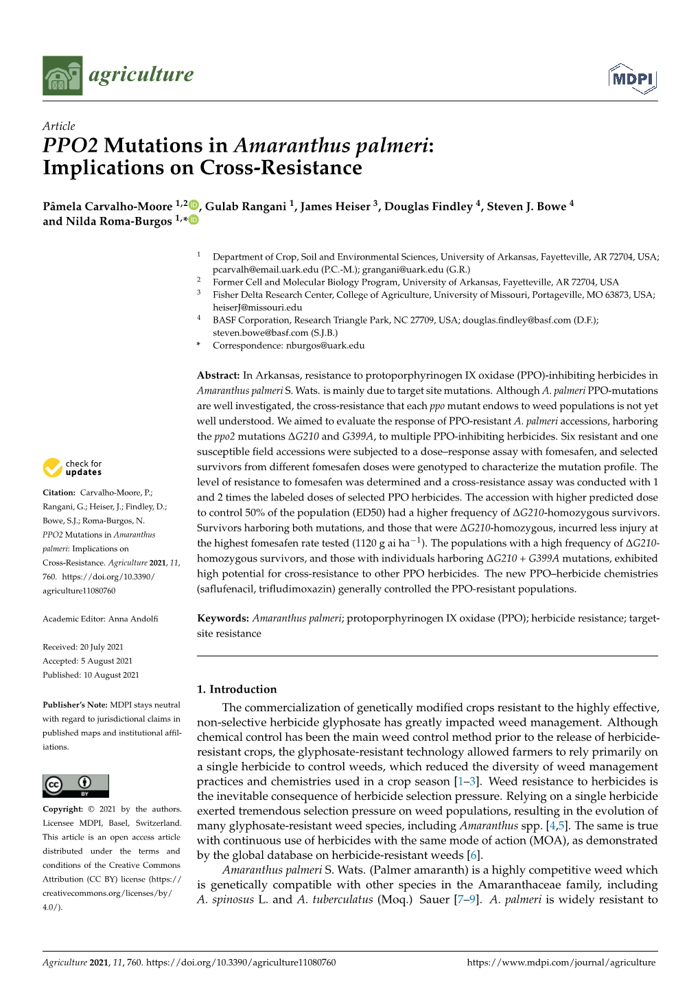 PPO2 Mutations in Amaranthus Palmeri:Implications on Cross-Resistance