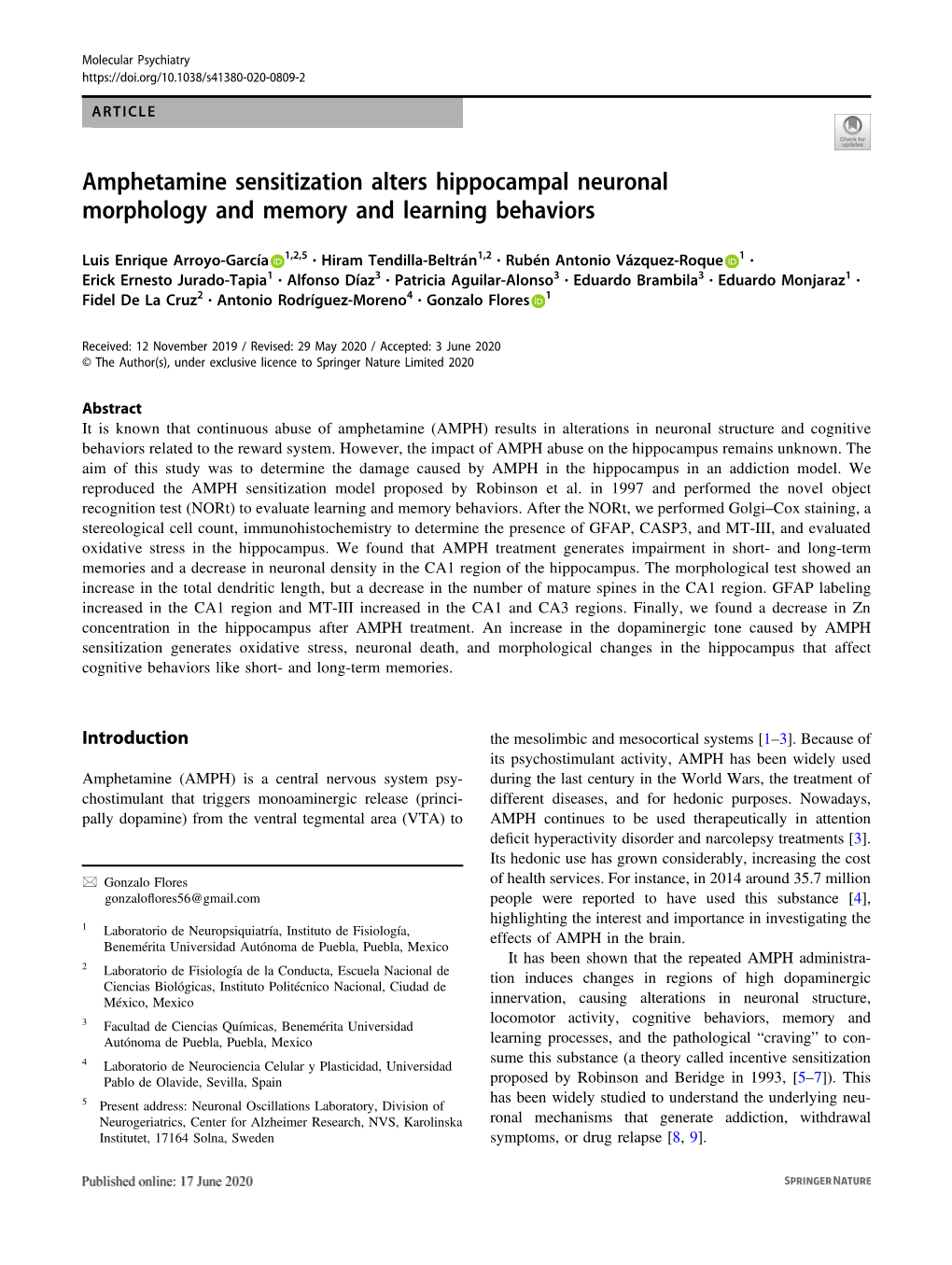 Amphetamine Sensitization Alters Hippocampal Neuronal Morphology and Memory and Learning Behaviors